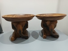 Pair of Small Wooden Elephant Tables | Hand Carved Mini Side Stools Decor 