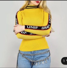 UNIF Yellow Racing Stripe Sport Logo Long Sleeve Turtle Neck Jumper Xs S 4 6 8