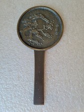 Bronze Signed Japanese Kagama Hand Mirror