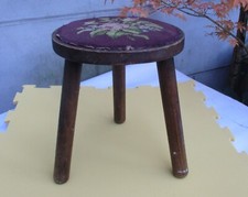 Original Vintage Small Wooden Tripod Milking Round Stool with Tapestry Type Top