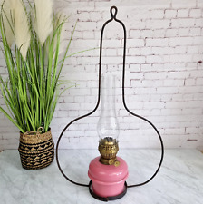 Vintage Duplex Burner Hanging Oil Lamp Pink Glass With Hanger & Funnel Antique