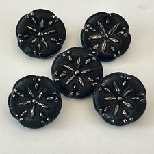 Beautiful Vintage Black Glass Buttons with pretty silver design x 5