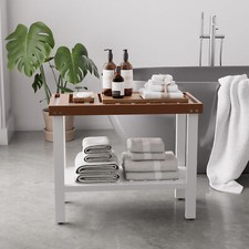 2-Tier Slatted Shower Bench Pine Wood Shelves Storage Seat Stool Non-Slip Chairs