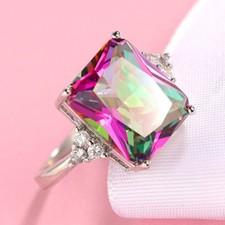 16.5 Cts Huge Rectangle Rainbow Mystic Fire Topaz Gemstone Silver Ring Sz 6-10
