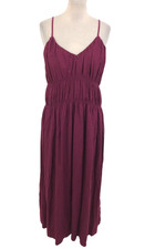 M&S Women's Dress Size 12 Tall Raspberry Shirred Trapeze Linen Midi New F1