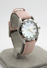 Ladies Date Stone Set Dial Mother Of Pearl Rotary Watch - Pink Leather Strap