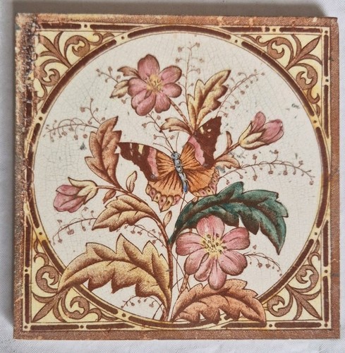 Antique tile butterfly - butterfly, floral