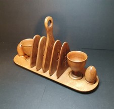 Vintage Wood Toast Rack With Egg Cups + Salt Shakers Wooden / Treen Kitchenalia