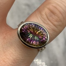 925 Sterling Silver Mystic Topaz Oval Bezel Set Solitaire Ring  - Size M 1/2