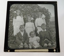 Antique Glass B&W Magic Lantern Slide Children Posing As A Group In Garden 