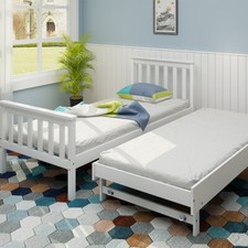 2 in 1 Solid Pine Wooden Bed Frame 3ft Day Bed with Pull Out Trundle Bed