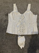 White Corset Basque With Thong Size 3 XL Steampunk Burlesque Boned Lace Up & Zip