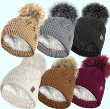 LADIES ROCKJOCK WARM CHUNKY DIAMOND CABLE KNIT HAT WITH COSY LINER AND DETACHABL