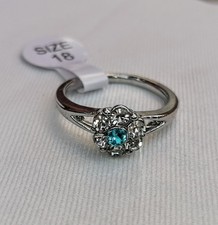 Gift Boxed Sparkly Silver Ring, Blue Jewel Floral Ring Costume Jewellery Size P