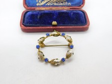 Art Deco Gilt Metal, Pearl & Sapphire Paste Circular Brooch Antique c1930