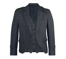 Men's Scottish Charcoal Grey Tweed Wool Argyle Kilt Jacket Highland Dress Jacket