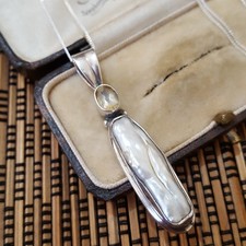Vintage 925 Sterling Silver Necklace, Baroque Pearl And Citrine Pendant