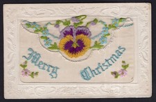 WW1 SILK POSTCARD - MERRY CHRISTMAS - PANSIES