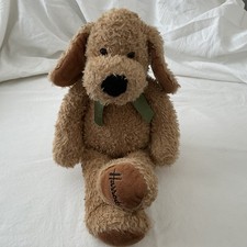 Harrods Brown Puppy Dog Teddy Plush Soft Toy Beanie Brown Green Ribbon
