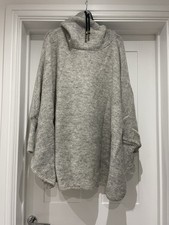 Kidka Icelandic Wool Grey Poncho With Sleeves And Funnel Neck One Size