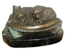 French Art Deco Bronze Signed Bonheur - Spaniel Dogs Sleeping In Basket