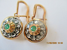 OLD ANTIQUE SILVER GILT EARRINGS ,DIAMONDS & EMERALD , 8.8 GR (2) 1.5 CM ACROSS