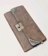 Antique Travel Brown Leather Sewing Needle Case with Metal Clasp & Blue Lining