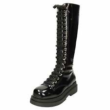 Black Chunky Lace Up Patent Boots Knee High Gothic Punk Platform Mid Heel Combat