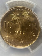 1922-B Switzerland 10 Francs Gold Vreneli PCGS MS66 Gem B .900 Gold Bern Mint