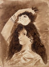 Old master ink drawing, woman holding a mask.