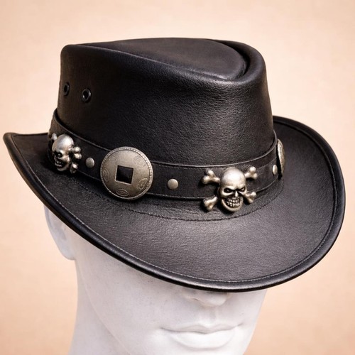 Handmade black leather top - leather, hat