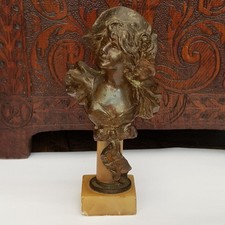 Spelter Bust Statue Of Lady Wearing Bonnet On Marble Plinth Antique circa 1890