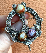 Vintage Celtic Brooch, Scottish Penannular Cloak Pin, Agate styled Glass