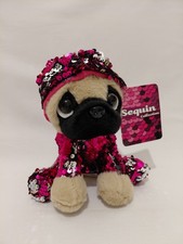 Sequin Collections Sparkly PUG PUPPY DOG Pink & Silver Hood Soft Plush Teddy Toy