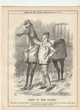 1891 Punch Cartoon Balfour Land Purchase Racehorse Kept in Stable until Easter