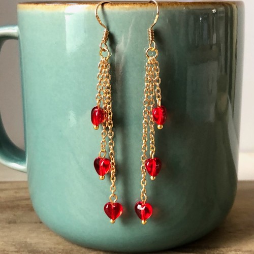 Red heart earrings long - red, earrings.