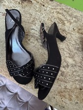 K Black Satin Diamante Sling Back Kitten Heel Shoes Size 5.5