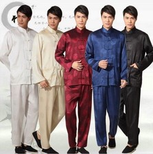 Mens Chinese Satin Tang Suit Martial Arts Uniform Set Kung Fu Taichi Costume NEW