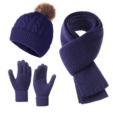 Hat Scarf and Gloves Set Ladies, Winter Beanie Hat for Women with Pom Pom Fleece
