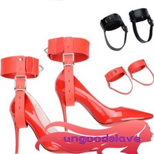 PU Leather Ankle Locking Straps with 2 Locks Fixed to High Heel Shoes SM Bondage