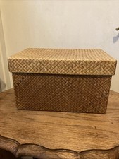 Vintage Hand Woven Lidded Storage Box- Some Fading- 12” x 7.5” x 7” H