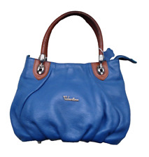 VALENTINA Italy blue pebbled leather Tote hand bag tan silver hardware