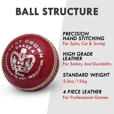Red Adult Test Crown Cricket Balls 156gms Plus 60 Overs 6 Pack