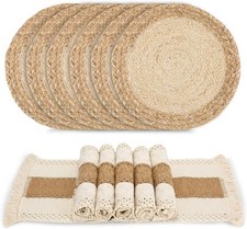 Boho Table Mats Set of 6 Woven Placemats Decor Natural Round Eco-Friendly Family