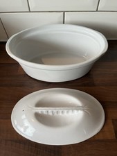 Vintage Oval 1.5 Litre Casserole Dish with Lid White Ceramic French Farmhouse