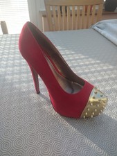 Red Suede Effect Heel Stilleto Shoes Size 7/40 with Spiky Gold Toe Caps by Bebo
