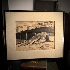 Vintage Signed Black And White Framed Boatyard Pencil Sketch Artwork Drawing