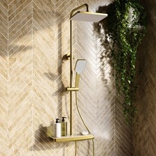 Brushed Brass Thermostatic Mixer Shower Set with Push Button & Shelf - BBSHELFSH