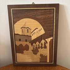 Italian Vintage Inlaid Wood Marquetry Wall Plaque Sorrento 9.5 x 7 Inches