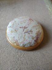 NEEDLEWORK TOP, VINTAGE ROUND FOOTSTOOL  3 WOODEN BUN FEET, SOME WEAR DUE TO AGE